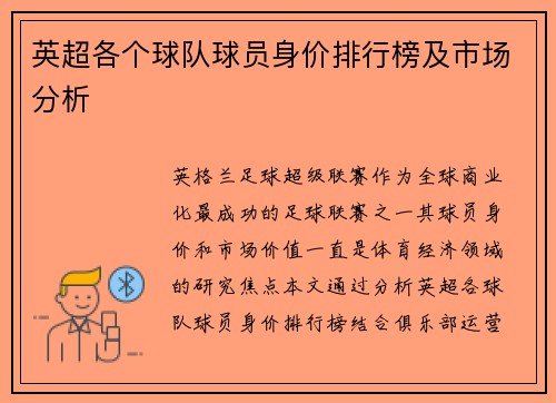 英超各个球队球员身价排行榜及市场分析